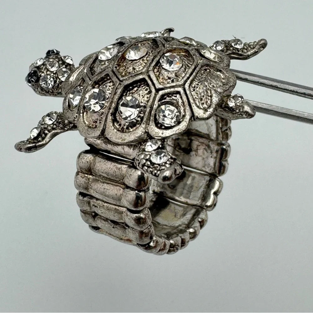 Vintage Silver Tone Turtle Stretch Ring Rhinestone Statement Size 9–10
